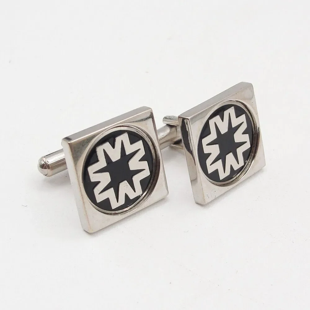 Vintage Silver Tone Square Geometric Starburst Cufflinks Black Enamel Industrial